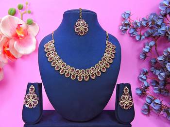 Purple yellow gold premium designer american diamond and stone work necklace set 1