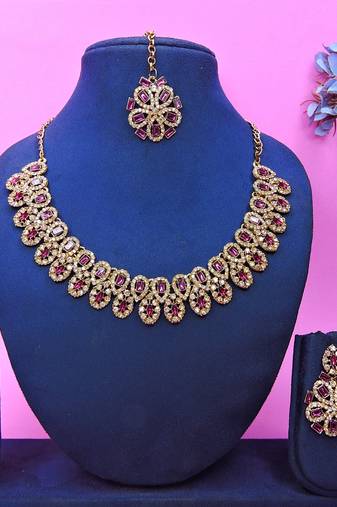 Purple yellow gold premium designer american diamond and stone work necklace set