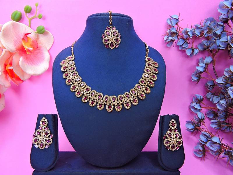 Purple yellow gold premium designer american diamond and stone work necklace set