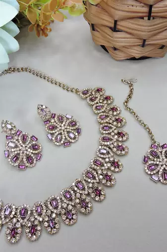 Purple yellow gold premium designer american diamond and stone work necklace set