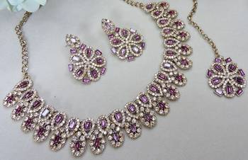Purple yellow gold premium designer american diamond and stone work necklace set 3