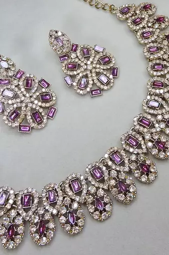 Purple yellow gold premium designer american diamond and stone work necklace set