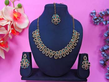 Blue yellow gold premium designer american diamond and stone work necklace set 1