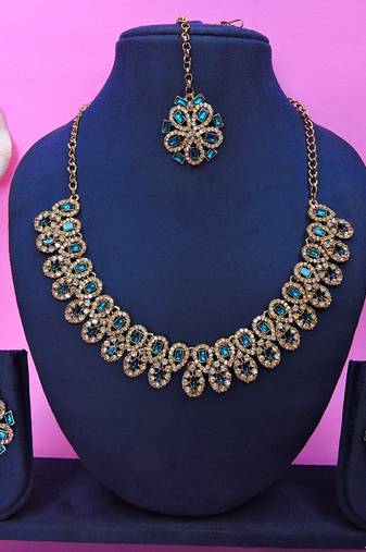 Blue yellow gold premium designer american diamond and stone work necklace set