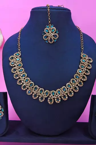 Blue yellow gold premium designer american diamond and stone work necklace set