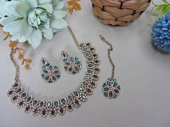Blue yellow gold premium designer american diamond and stone work necklace set 2
