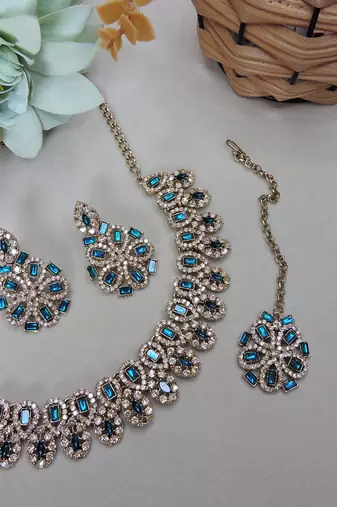 Blue yellow gold premium designer american diamond and stone work necklace set