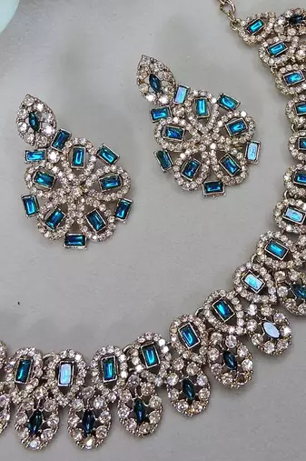Blue yellow gold premium designer american diamond and stone work necklace set