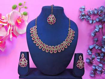 Pink yellow gold premium designer american diamond and stone work necklace set 1