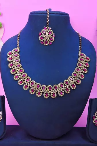Pink yellow gold premium designer american diamond and stone work necklace set