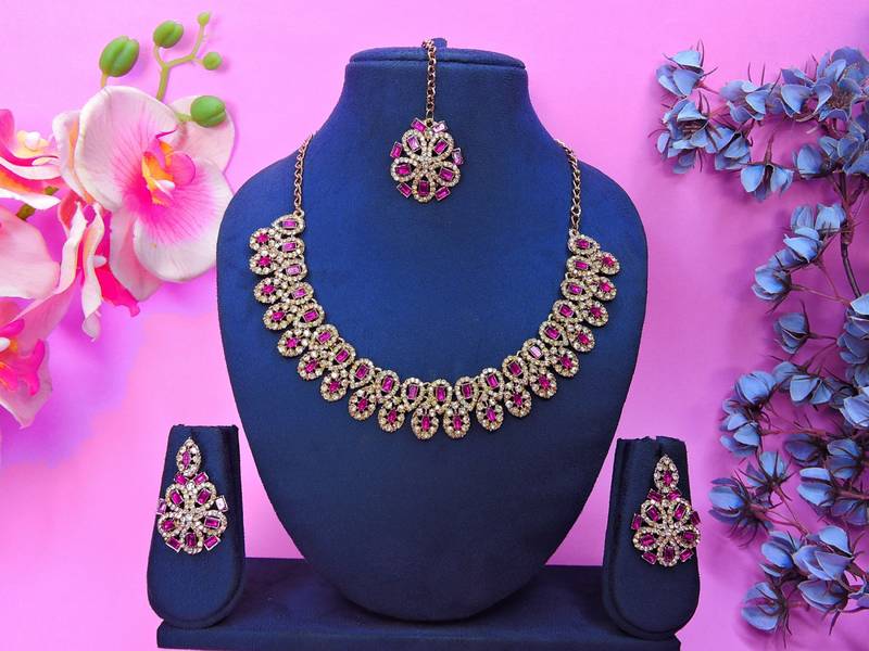 Pink yellow gold premium designer american diamond and stone work necklace set