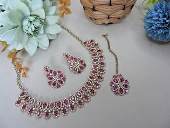 Pink yellow gold premium designer american diamond and stone work necklace set 2