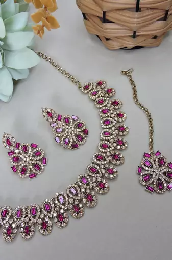 Pink yellow gold premium designer american diamond and stone work necklace set