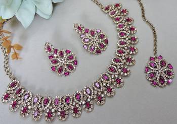Pink yellow gold premium designer american diamond and stone work necklace set 3