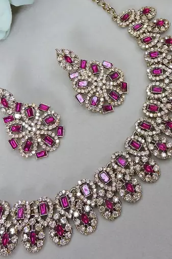 Pink yellow gold premium designer american diamond and stone work necklace set
