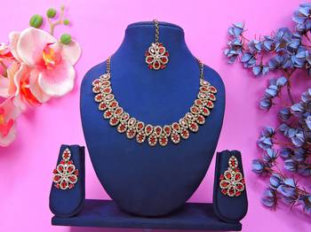 Red yellow gold premium designer american diamond and stone work necklace set 1