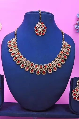 Red yellow gold premium designer american diamond and stone work necklace set