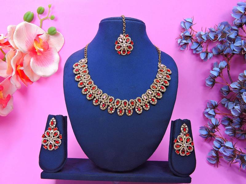 Red yellow gold premium designer american diamond and stone work necklace set