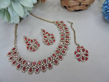 Red yellow gold premium designer american diamond and stone work necklace set 2