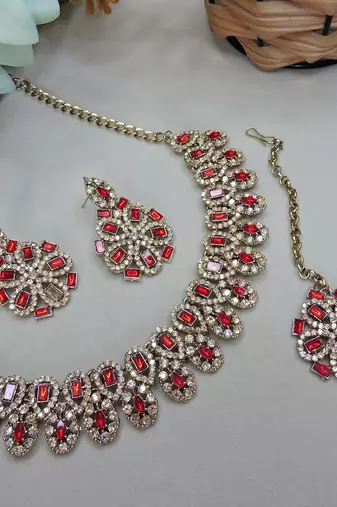 Red yellow gold premium designer american diamond and stone work necklace set