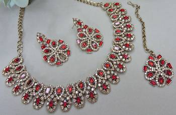 Red yellow gold premium designer american diamond and stone work necklace set 3
