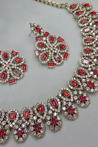 Red yellow gold premium designer american diamond and stone work necklace set