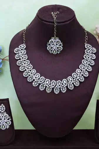 White yellow gold premium designer american diamond and stone work necklace set