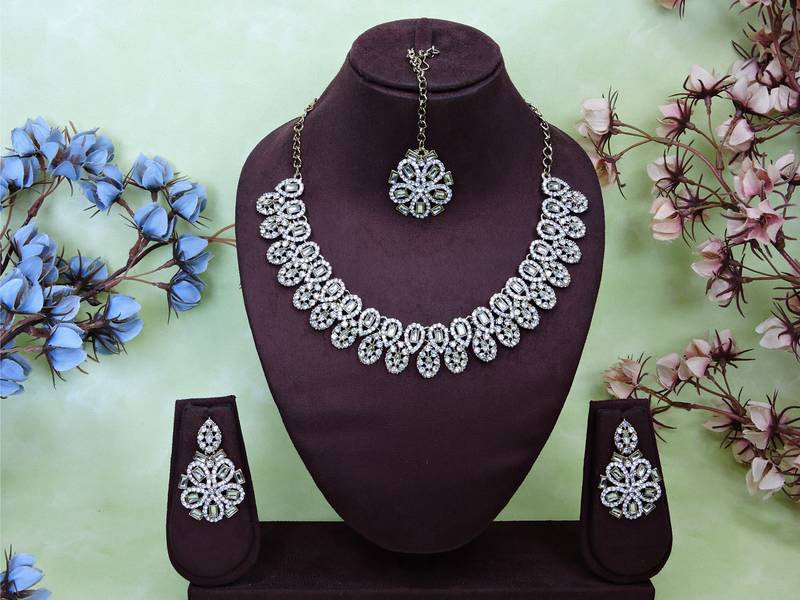 White yellow gold premium designer american diamond and stone work necklace set