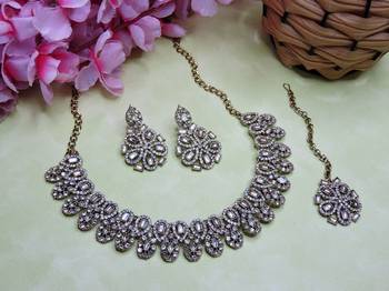 White yellow gold premium designer american diamond and stone work necklace set 2