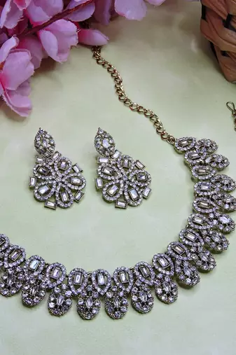 White yellow gold premium designer american diamond and stone work necklace set