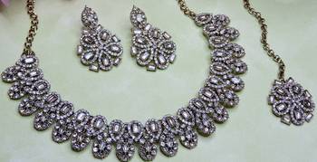 White yellow gold premium designer american diamond and stone work necklace set 3