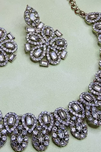 White yellow gold premium designer american diamond and stone work necklace set