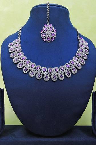Purple rhodium premium designer american diamond and stone work necklace set