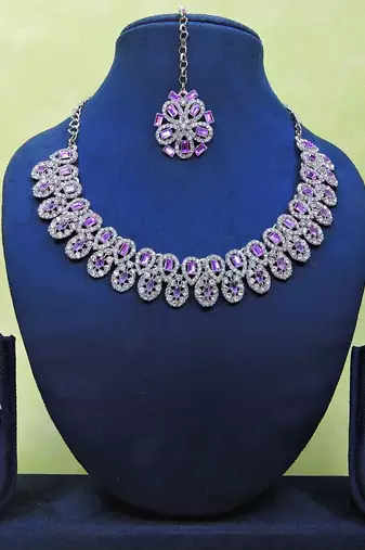Purple rhodium premium designer american diamond and stone work necklace set