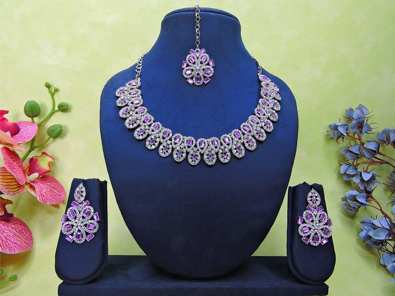 Purple rhodium premium designer american diamond and stone work necklace set