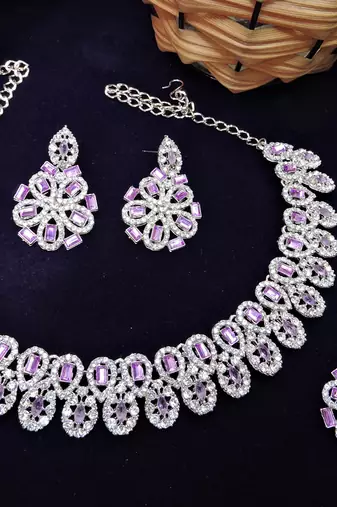 Purple rhodium premium designer american diamond and stone work necklace set