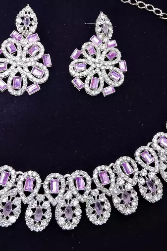 Purple rhodium premium designer american diamond and stone work necklace set