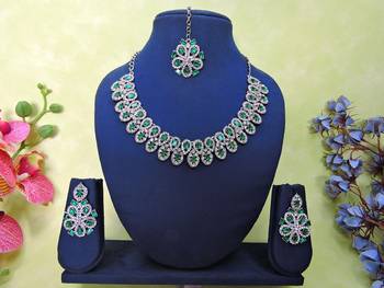 Green rhodium premium designer american diamond and stone work necklace set 1