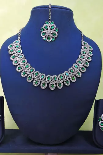 Green rhodium premium designer american diamond and stone work necklace set