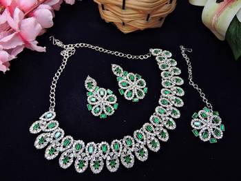 Green rhodium premium designer american diamond and stone work necklace set 2