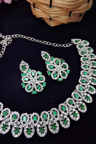 Green rhodium premium designer american diamond and stone work necklace set