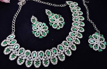Green rhodium premium designer american diamond and stone work necklace set 3