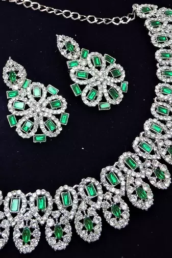 Green rhodium premium designer american diamond and stone work necklace set