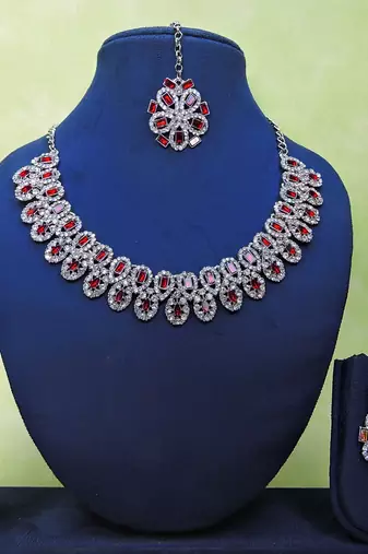 Maroon rhodium premium designer american diamond and stone work necklace set