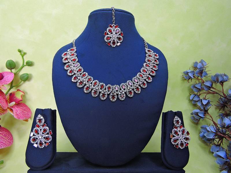 Maroon rhodium premium designer american diamond and stone work necklace set