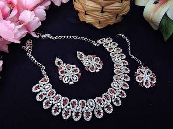 Maroon rhodium premium designer american diamond and stone work necklace set 2