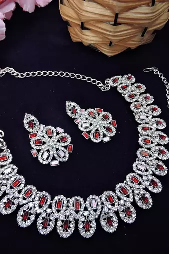Maroon rhodium premium designer american diamond and stone work necklace set