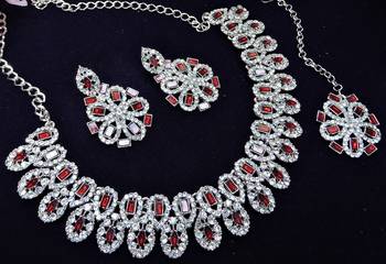 Maroon rhodium premium designer american diamond and stone work necklace set 3
