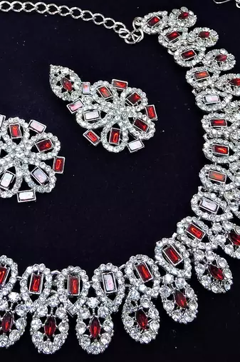 Maroon rhodium premium designer american diamond and stone work necklace set