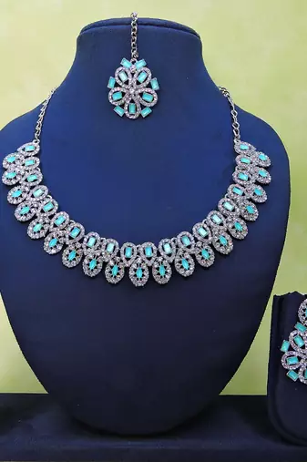 Green rhodium premium designer american diamond and stone work necklace set